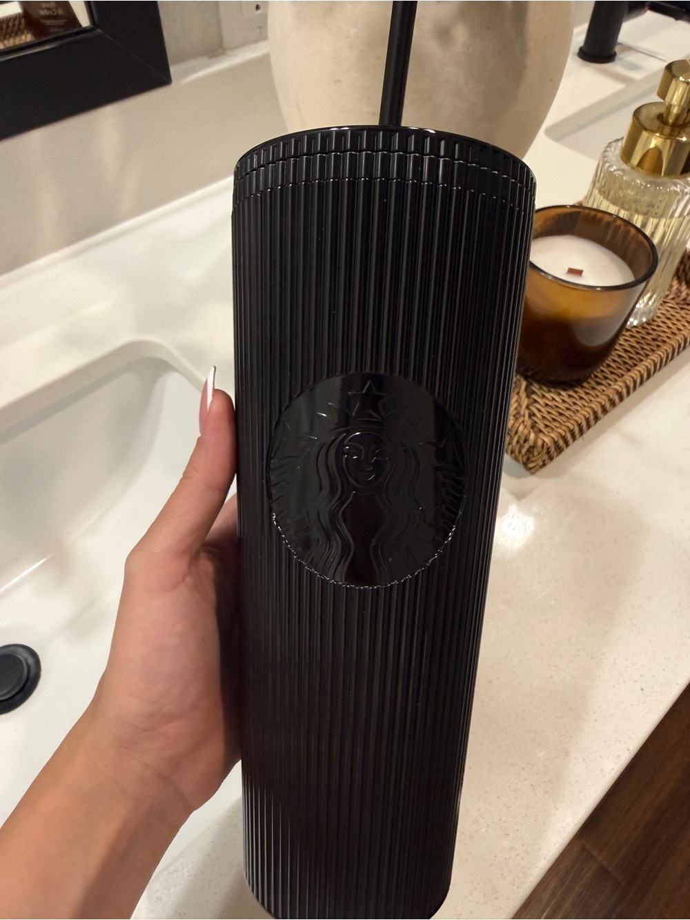 Starbucks Black Ribbed Stainless Steel Tumbler with Straw